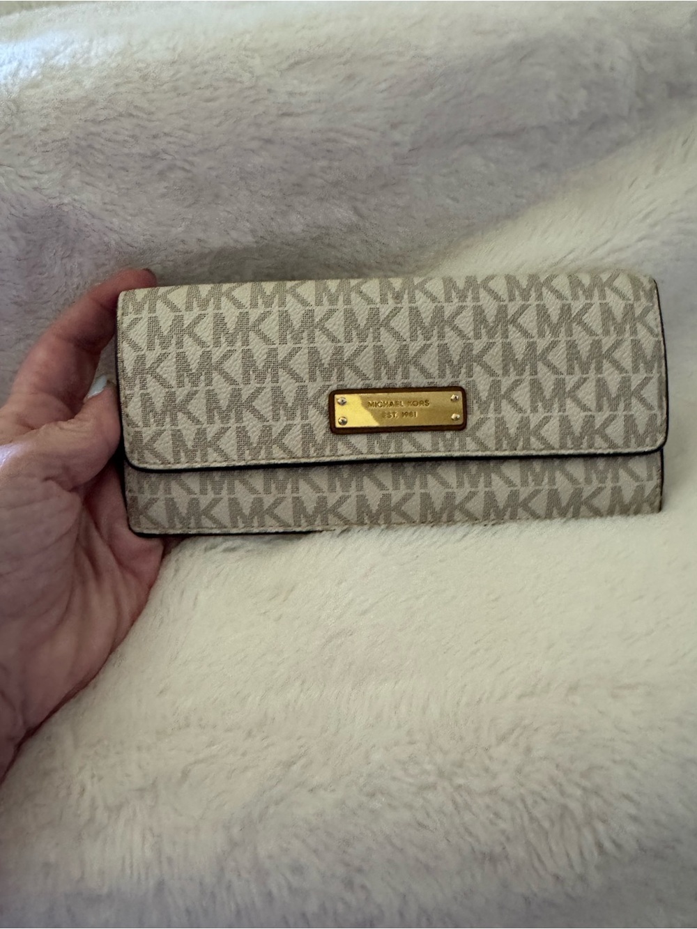 Michael Kors Tan Beige MK Logo Continental Wallet with Gold Plaque